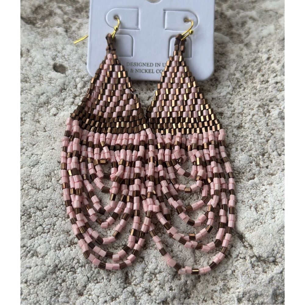 Western Earrings Pink Bronze Gold Fringe Cowgirl Cowboy